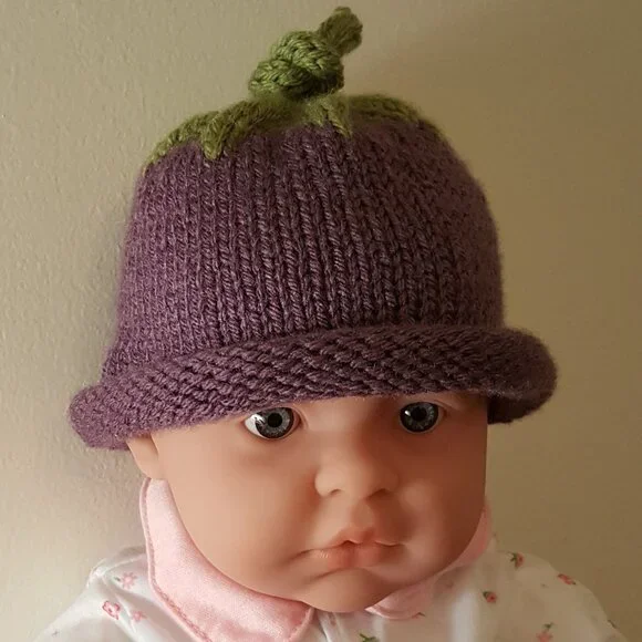 Hand Knit Stretchy Purple Baby Eggplant Hat 0-6 months - One Size - Picture 3 of 4